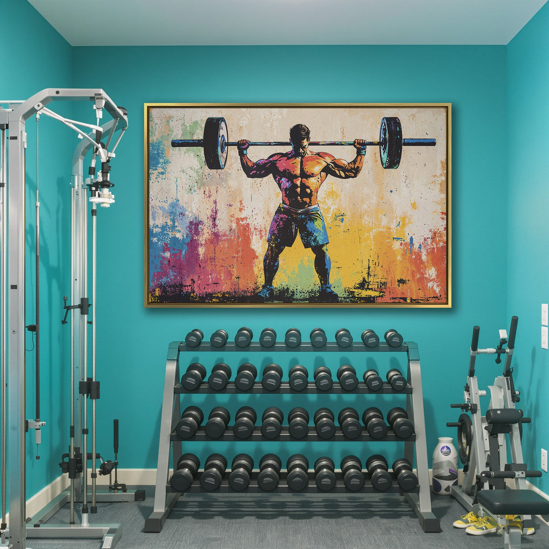 Canvas Print featuring a weightlifter with a colorful, abstract style. Vibrant, multi-colored palette adds energy to any space. Perfect for gym decor!