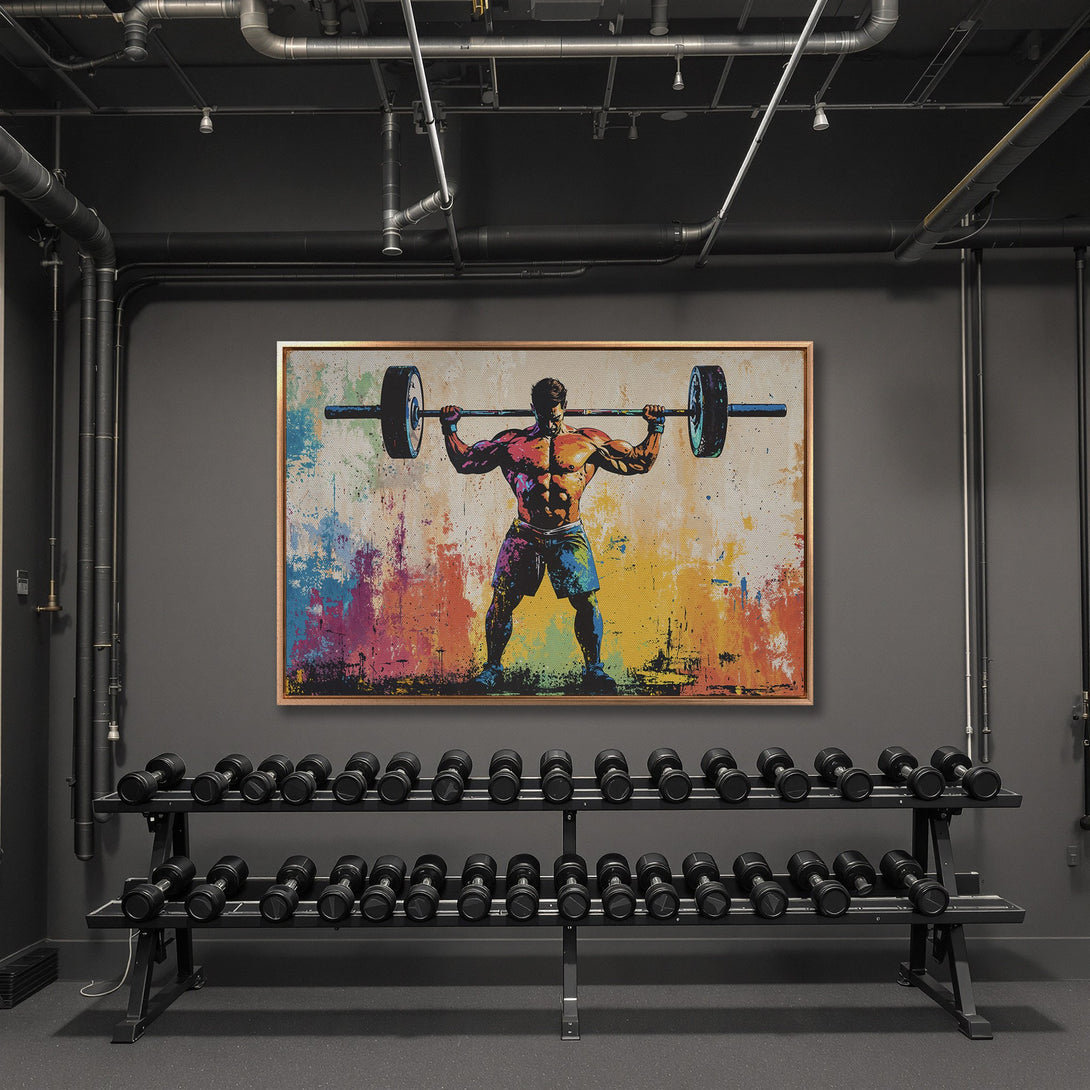 Framed Wall Art of a weightlifter in a gym. Bold, colorful abstract style Canvas Print with a vibrant, multi-color palette. Perfect for fitness enthusiasts!