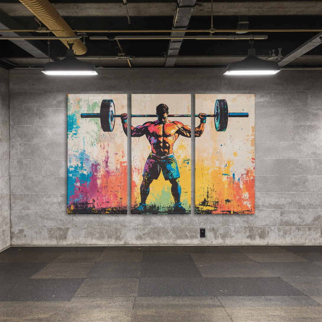Canvas Print: Abstract weightlifter art in vibrant, colorful style. Perfect for a gym or home decor. Eye-catching wall art.