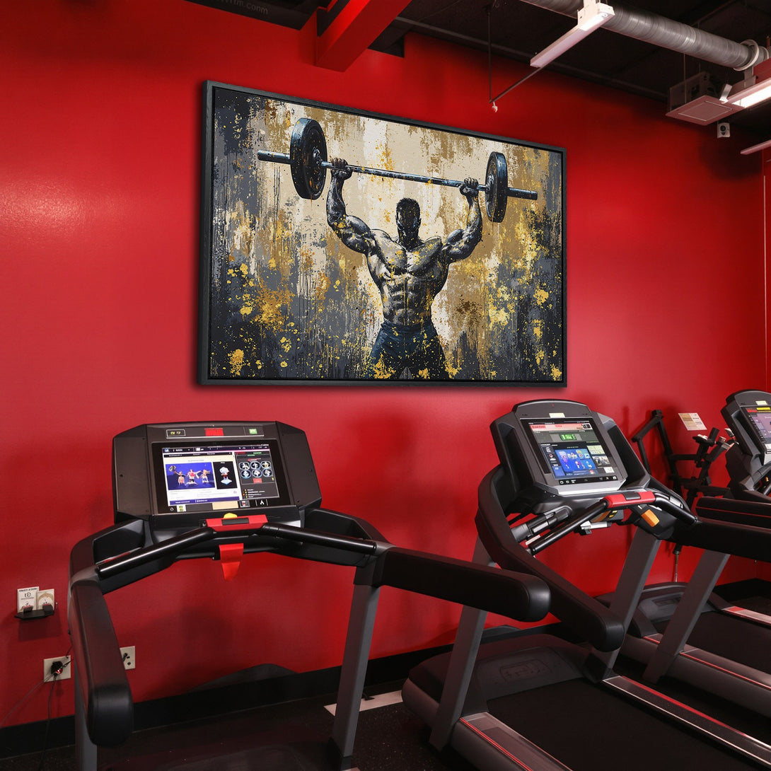 Framed Wall Art: Abstract weightlifter art with gold accents. Modern canvas print adds motivational style to a gym with a red color palette.