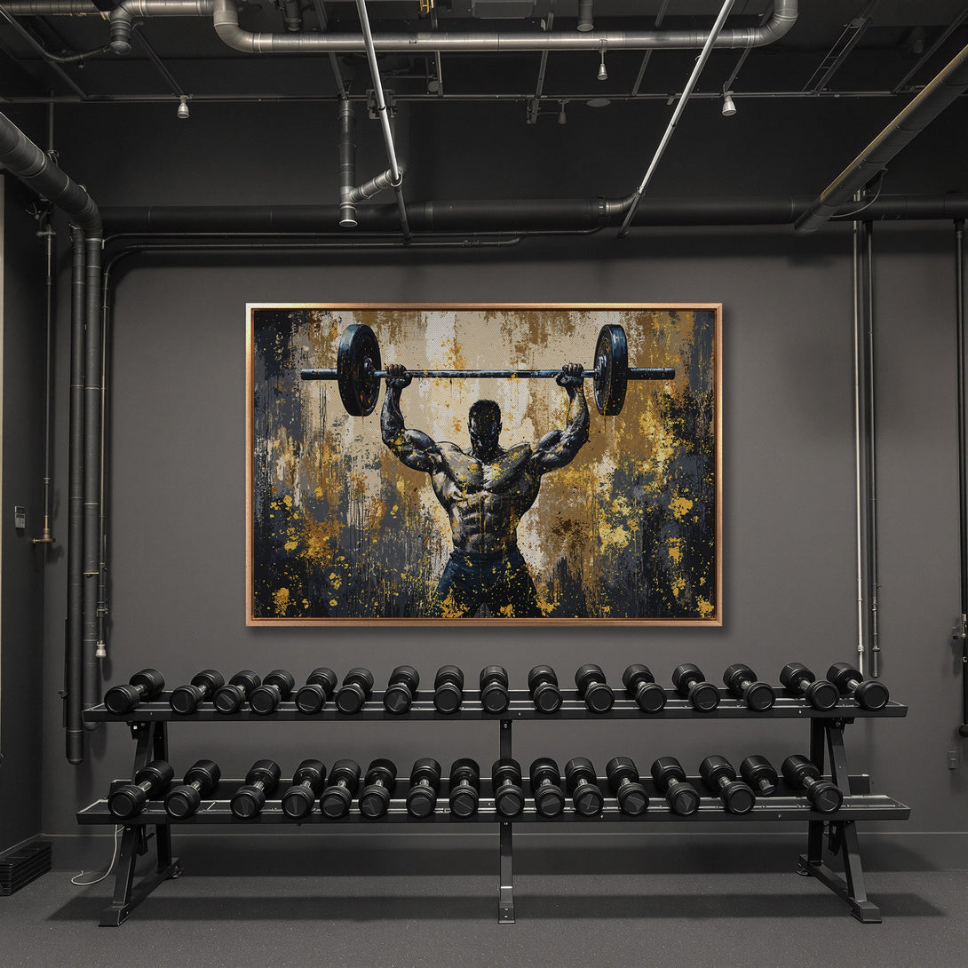 Framed Wall Art of a weightlifter in a gym. Abstract style with a black, gold, and neutral color palette. Perfect for home or gym decor.