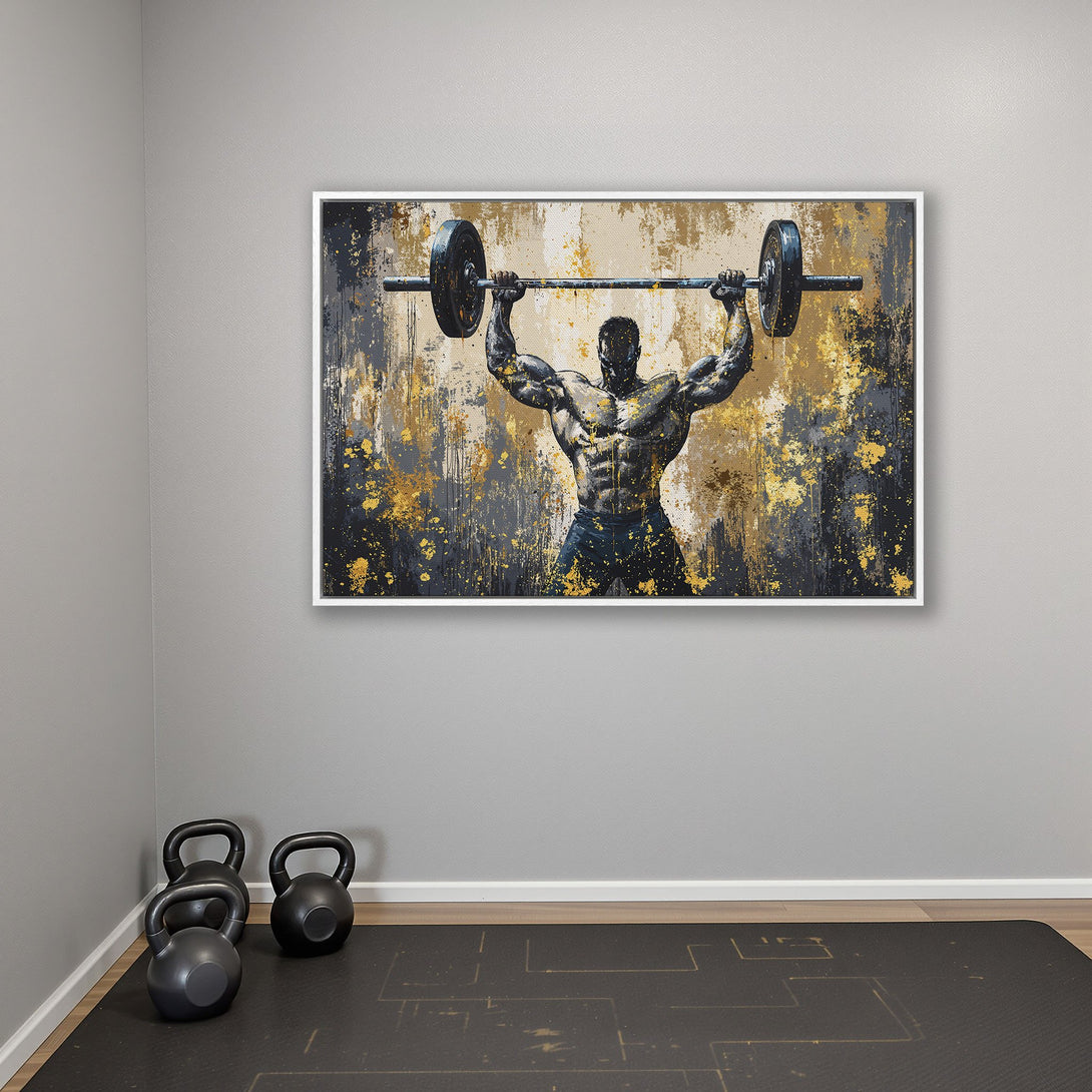 Framed Wall Art: Abstract painting of a bodybuilder lifting weights, featuring gold, black, and beige tones. Perfect for a home gym or fitness space.
