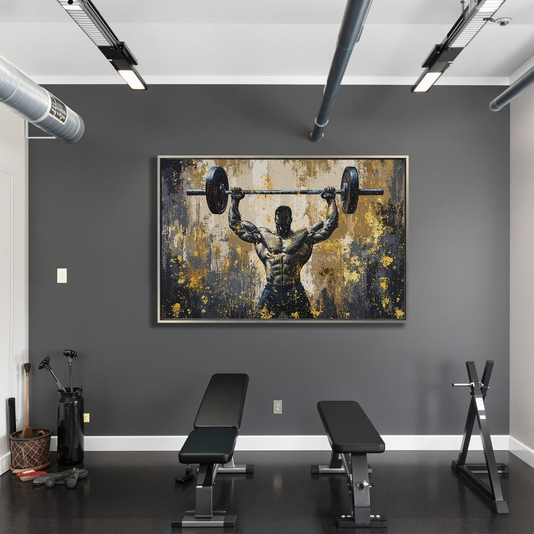 Framed Wall Art: Abstract weightlifter canvas print in a gym. Bold black, gold, and gray color palette. Perfect for home gym decor.