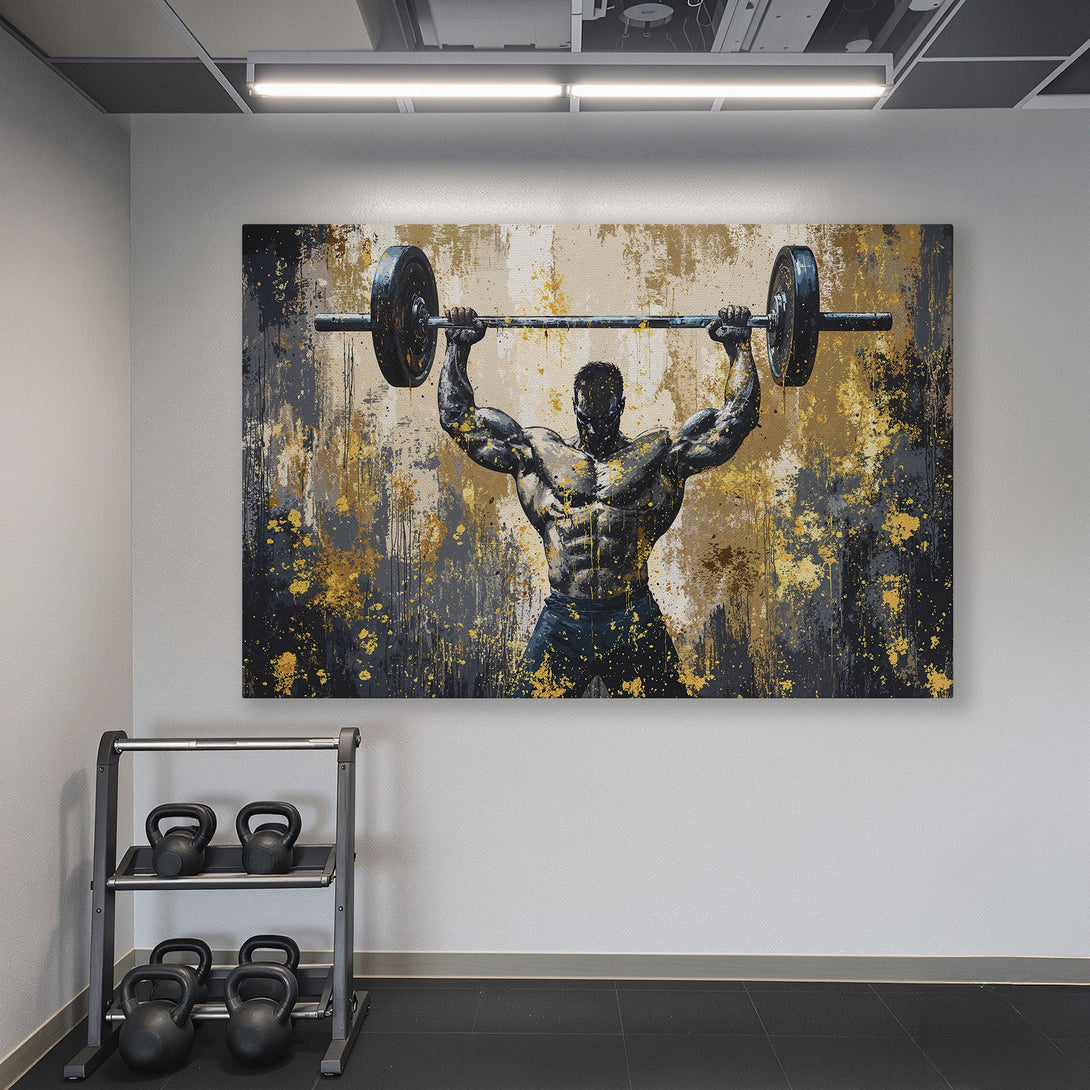 Framed Wall Art: Abstract weightlifter art in gold, black, and tan. Modern canvas print adds a bold statement to any home gym or fitness space.