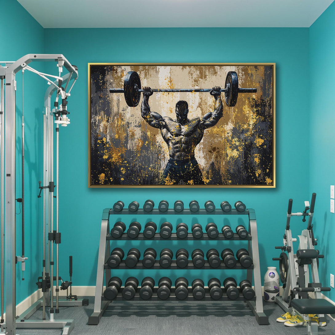 Canvas Print of a weightlifter in an abstract style. Features a gold, black, and beige color palette, perfect for a gym or home decor.