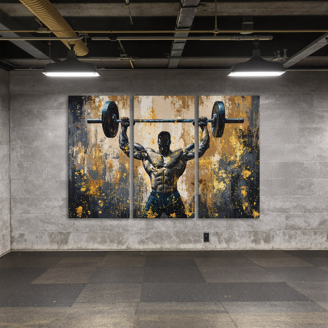 Abstract Canvas Print of a weightlifter, gold, black, and grey color palette. Perfect for a gym or home decor.