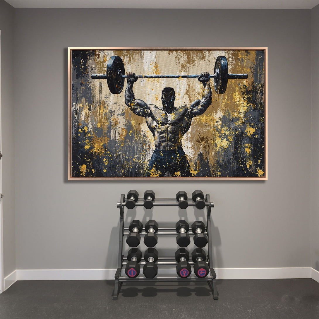 Framed Wall Art: Abstract weightlifter canvas print with gold, black, and gray tones. Perfect gym decor for a motivational space.