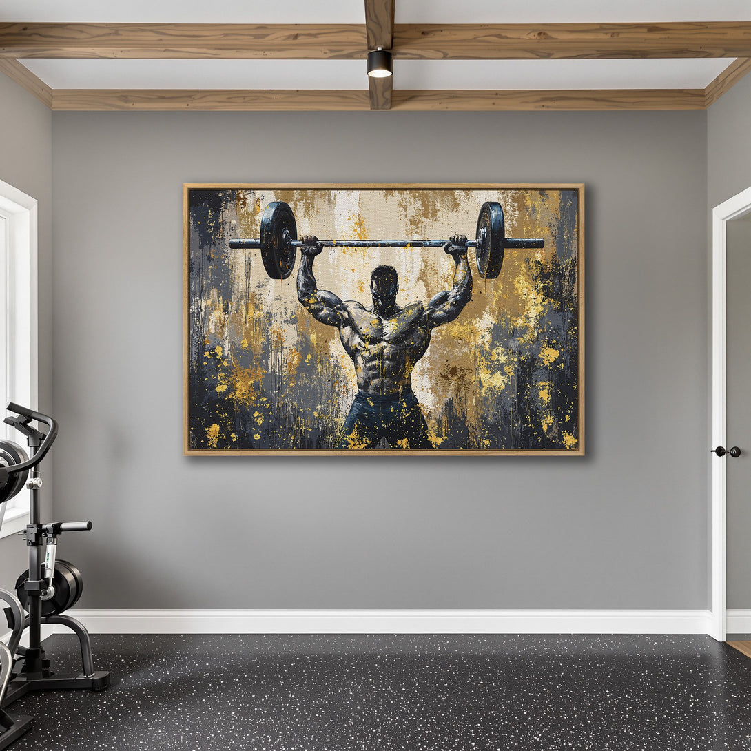 Framed Wall Art: Abstract painting of a weightlifter in a gym. Featuring a black, gold, and neutral color palette. Perfect for home gym decor.