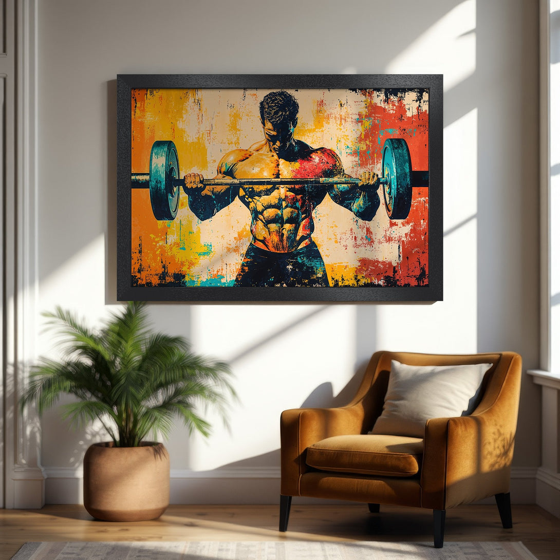 Framed Poster featuring a muscular weightlifter in vibrant, abstract style with a warm color palette. Perfect for gym or home decor.