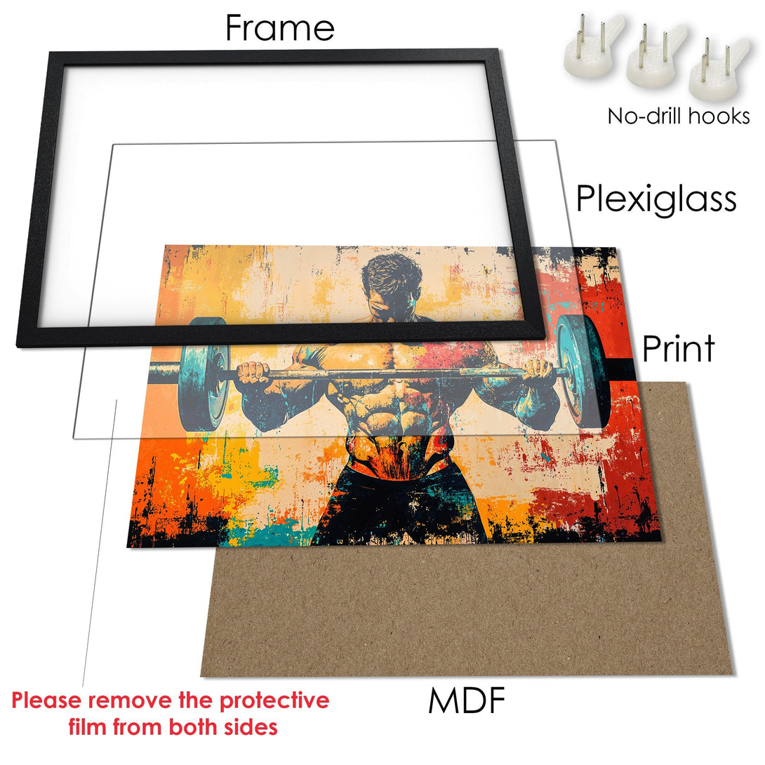 Framed Poster featuring a muscular weightlifter in an abstract style with a vibrant orange and blue color palette. Perfect wall art!