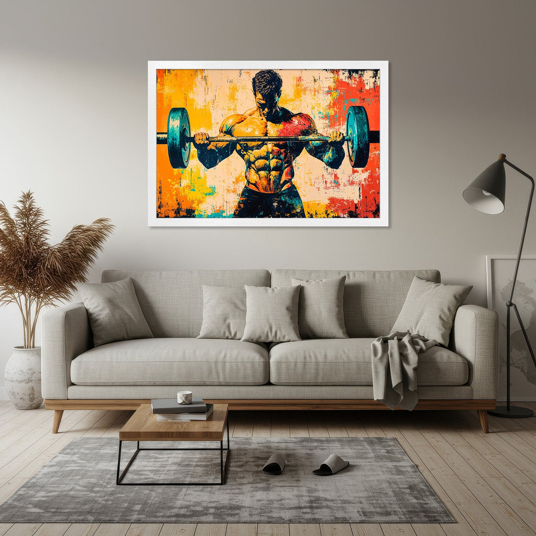 Framed Poster featuring a weightlifter, abstract style, vibrant orange, yellow, and teal color palette. Perfect for gym decor!