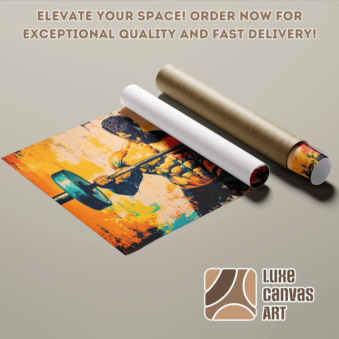 Poster Roll featuring a weightlifter in vibrant orange, blue, and yellow abstract style. Elevate your space!