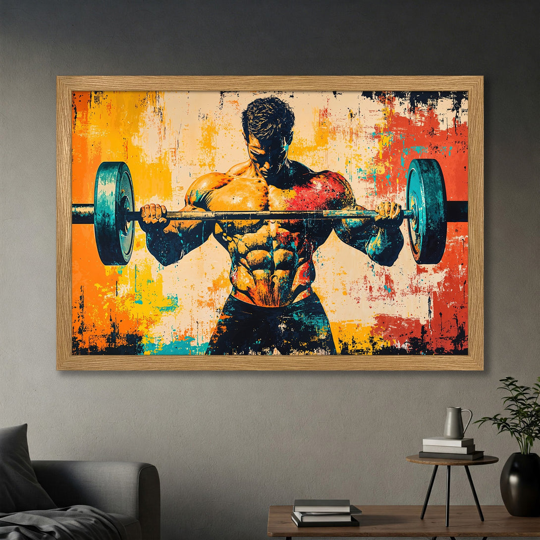 Framed Poster of a muscular weightlifter with a vibrant, abstract style and a colorful palette of orange, blue, and red. Perfect for gym decor!