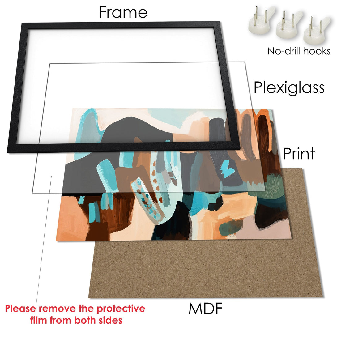 Framed Poster featuring abstract art with a muted color palette of blues, browns, and beige. Modern art print ready to hang!