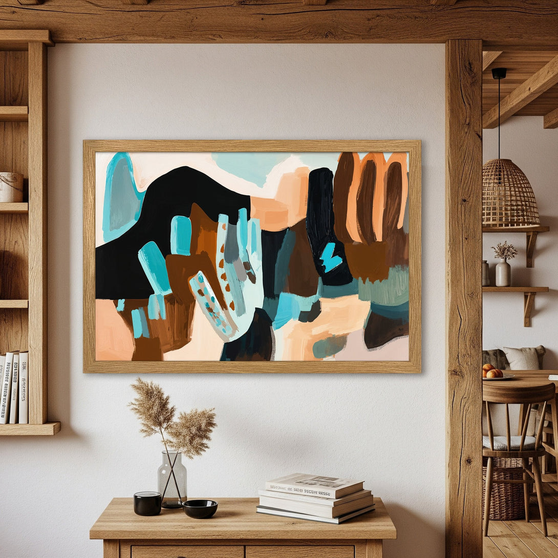 Framed Poster featuring abstract art in teal, brown, and peach hues, perfect for modern home decor.