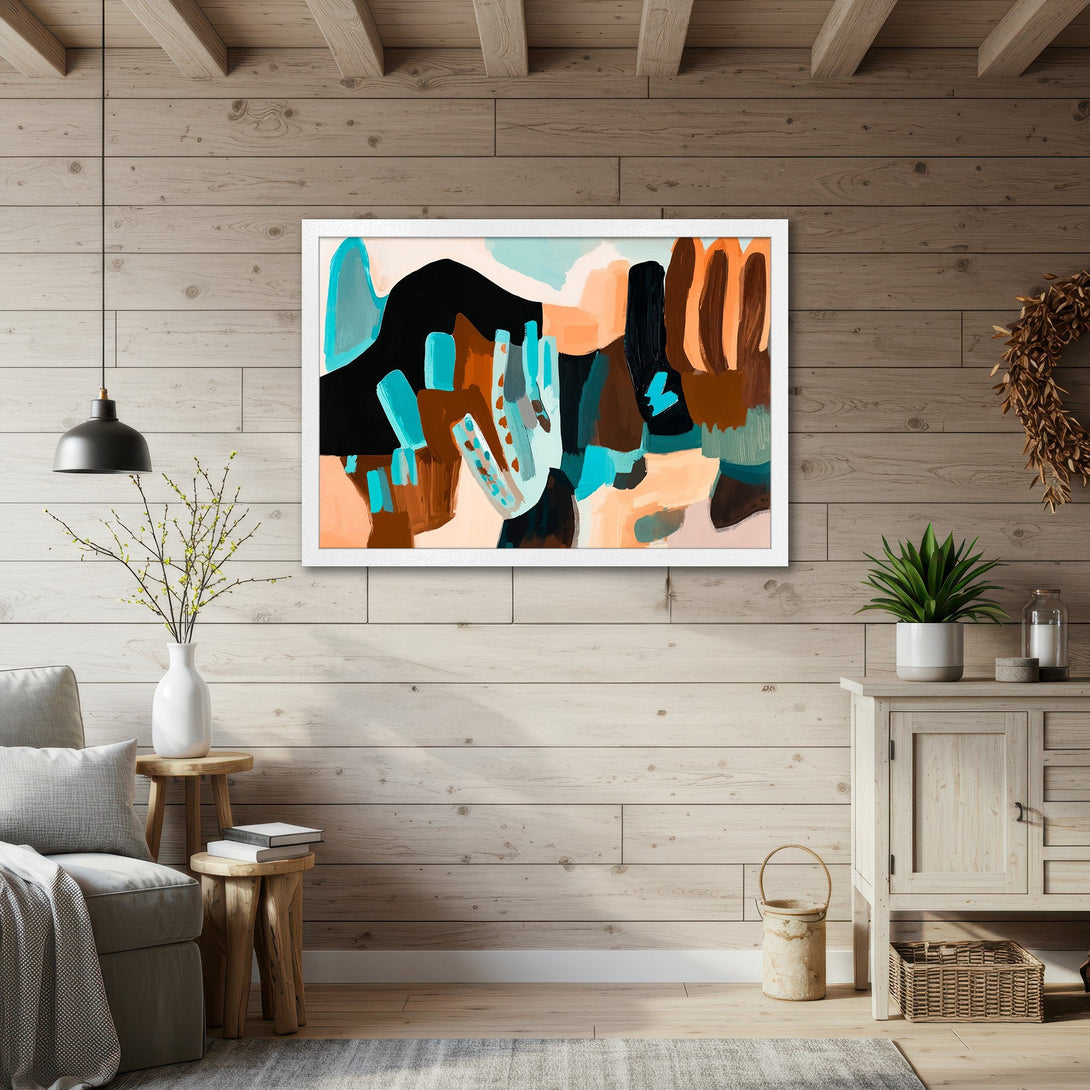 Framed Poster featuring abstract art in teal, black, and orange. Modern style, perfect for home decor. Add a pop of color to your space!