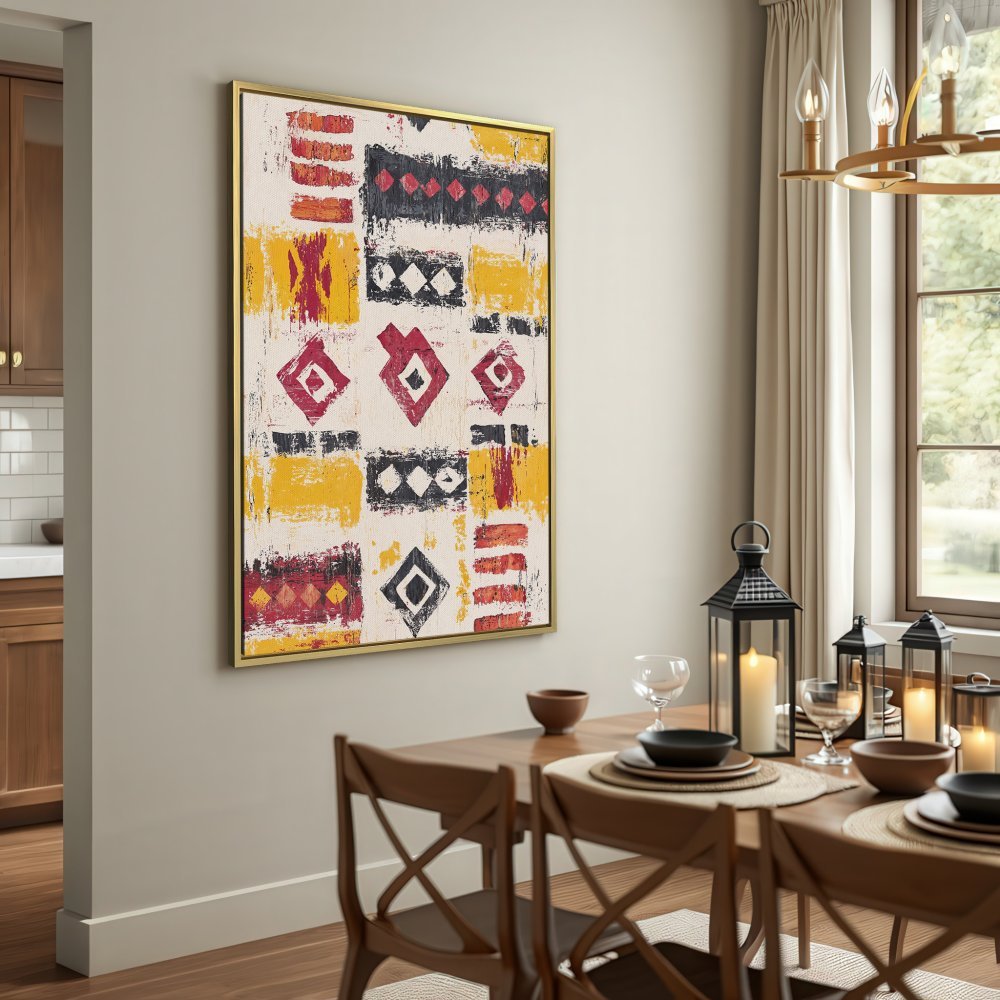 Abstract Canvas Print with geometric pattern in yellow, red, and black. Perfect wall art for modern or bohemian interiors.