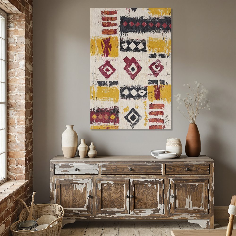 Framed Wall Art: Abstract geometric design in yellow, red, and black. Modern art canvas print adds a pop of color to any dining room.