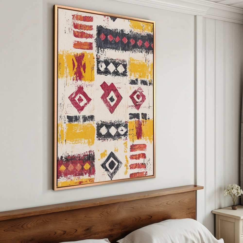 Geometric Canvas Print in warm yellow, red, and black. Modern abstract art with a textured, brushstroke style. Framed wall art for bedroom decor.