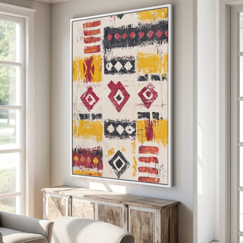 Framed Wall Art: Abstract geometric pattern in red, yellow, and black. Modern canvas print adds a pop of color and style to any room.