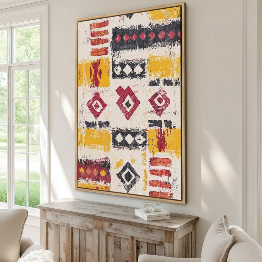 Framed Wall Art: Abstract geometric canvas print in red, yellow, and black. Modern art for living room decor.