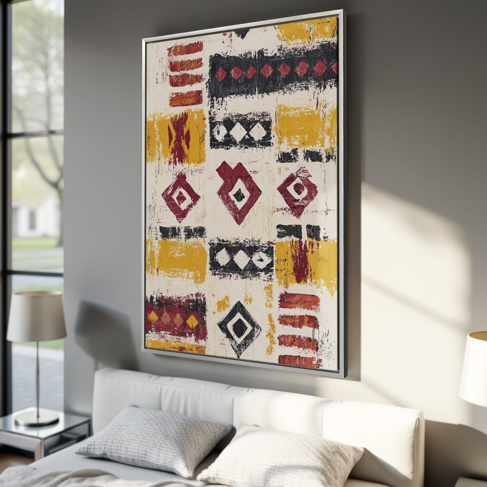 Framed Wall Art featuring an abstract geometric design in a warm color palette of yellow, red, and black, perfect for modern home decor.