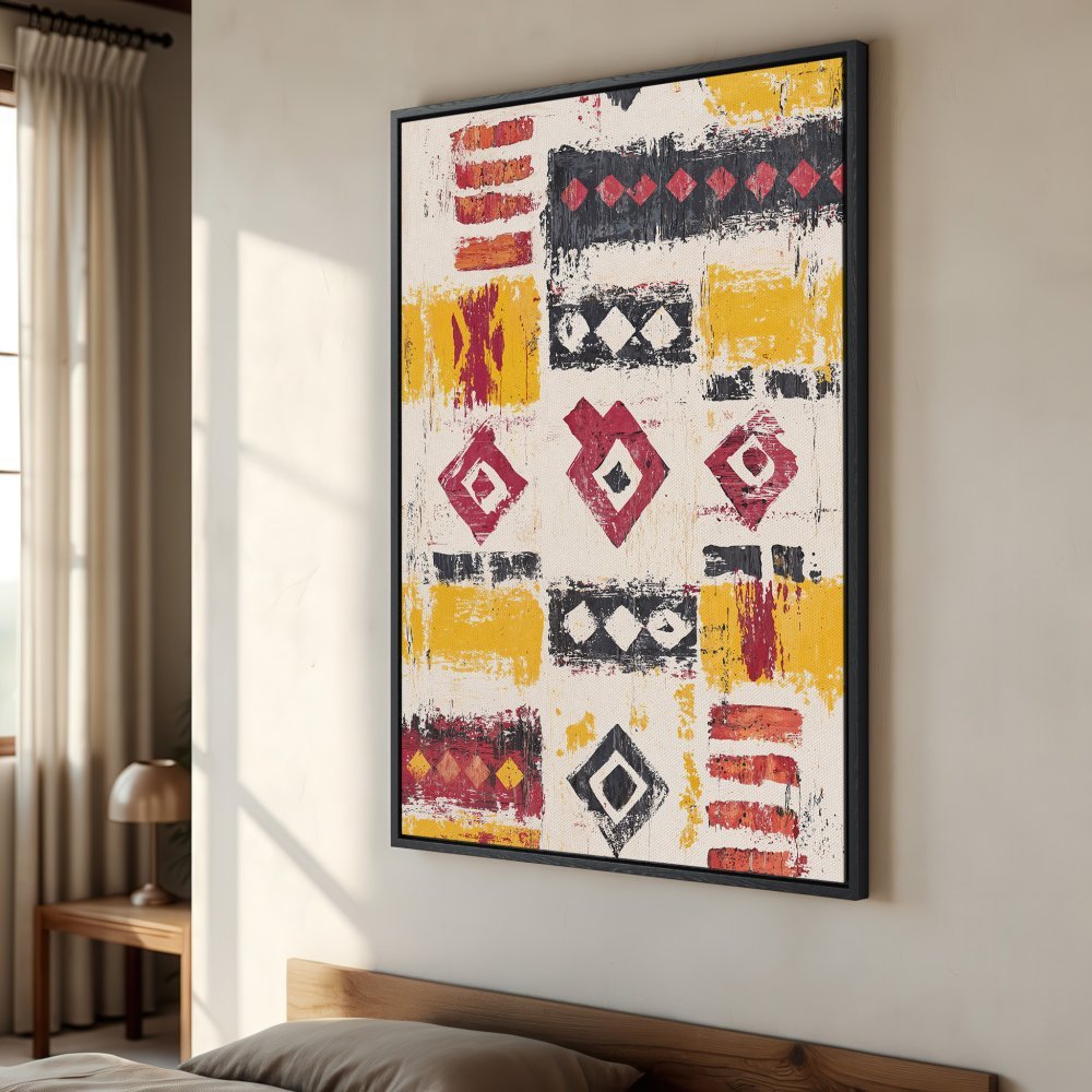 Framed Wall Art: Abstract geometric Canvas Print in warm yellow, red, and black. Modern art for your home decor.