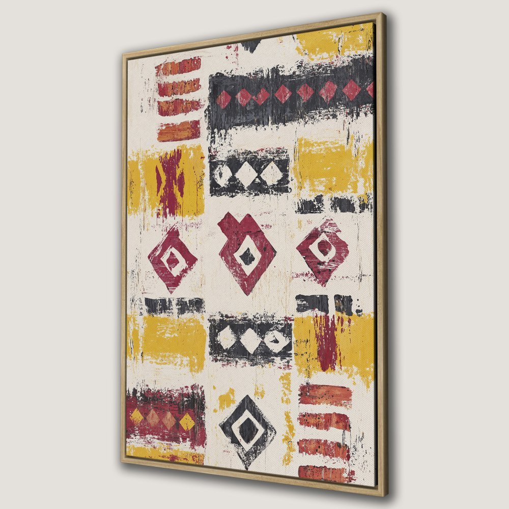 Framed Wall Art: Abstract geometric design in red, yellow, black, and cream. Modern canvas print for a stylish interior.