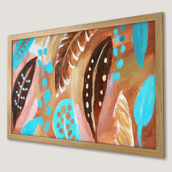Framed Poster featuring abstract feather art in brown, turquoise, and beige tones. Modern wall decor for your home!