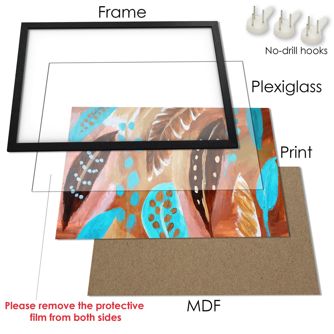 Framed Poster featuring abstract feathers in warm tones with teal accents. Perfect art for your home!