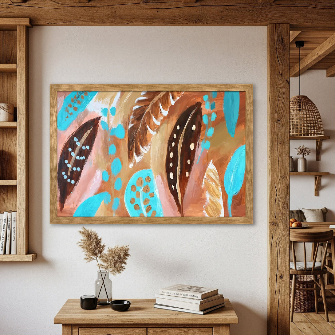 Framed Poster featuring abstract feather art in warm brown, turquoise, and peach tones. Perfect wall decor for a cozy, modern interior.