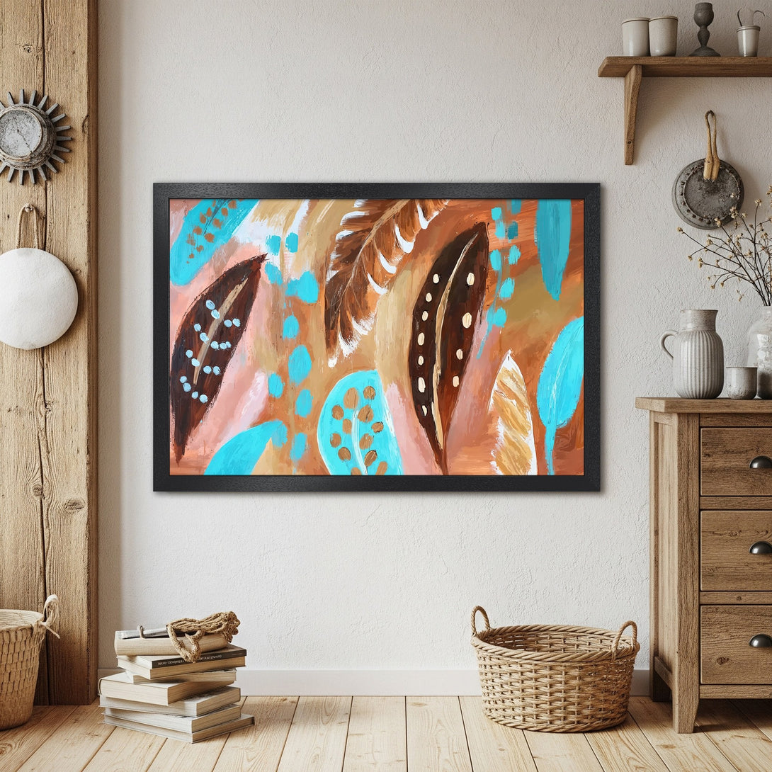 Framed Poster featuring abstract feather art in earthy tones with teal accents. Perfect wall decor!