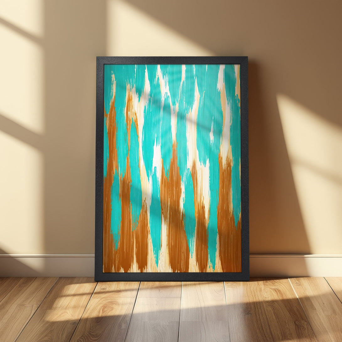 Framed Poster featuring abstract brushstroke art in teal and brown tones. Modern wall decor for your home.