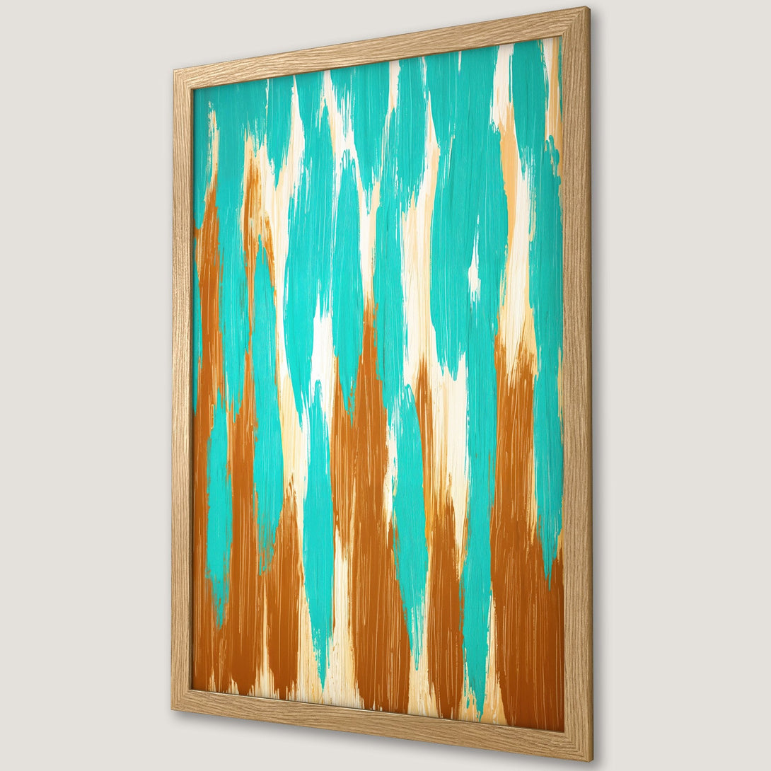 Framed Poster featuring abstract brushstroke art in teal, brown, and cream. Modern art print for home decor.