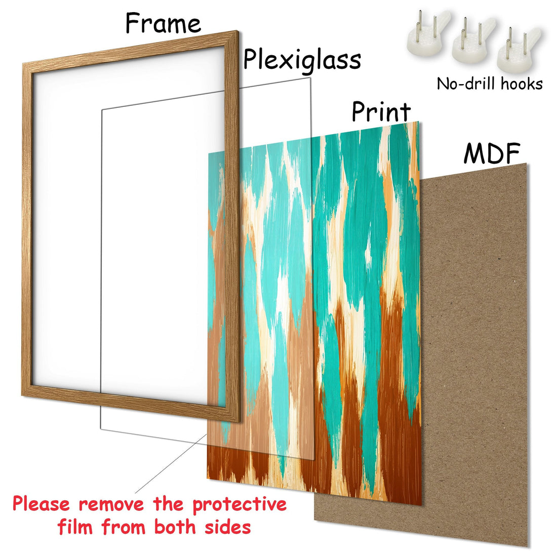 Framed Poster featuring abstract art in teal, brown, and cream. Modern style with a warm color palette, ready to hang and brighten your space.