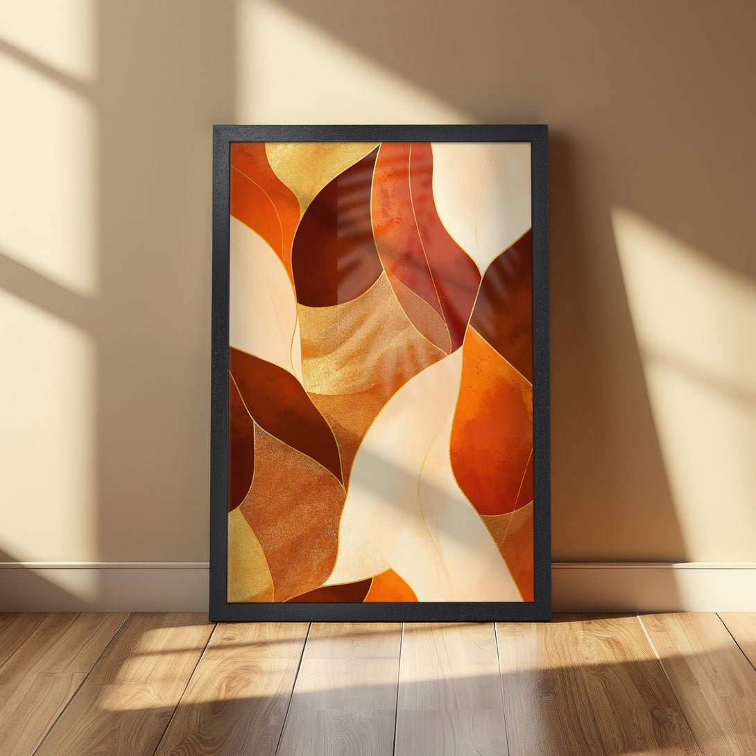 Framed Poster featuring abstract leaf design in warm orange, gold, and cream tones. Modern art for your home!