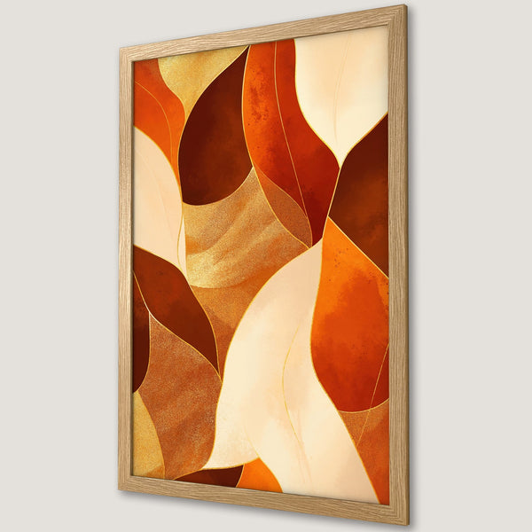 Framed Poster featuring abstract leaf design in warm orange, gold, and cream tones. Modern art print for home decor.