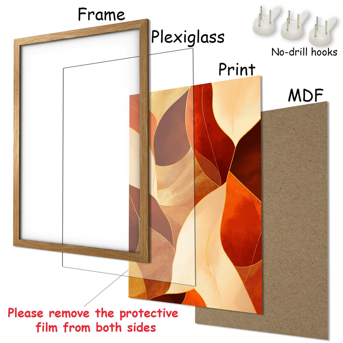 Framed Poster with abstract art in warm orange, brown, and gold tones. Modern wall art to elevate your space.