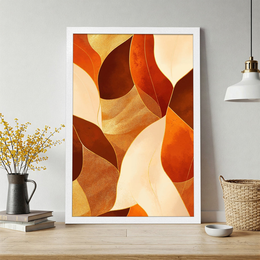 Framed Poster featuring abstract leaf design in warm orange, gold, and brown tones. Modern art print for home decor.