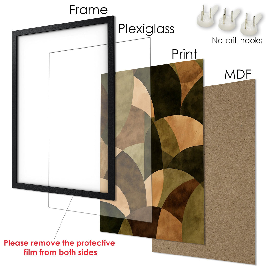 Framed Poster with abstract geometric art in earthy tones. Modern wall decor, ready to hang.