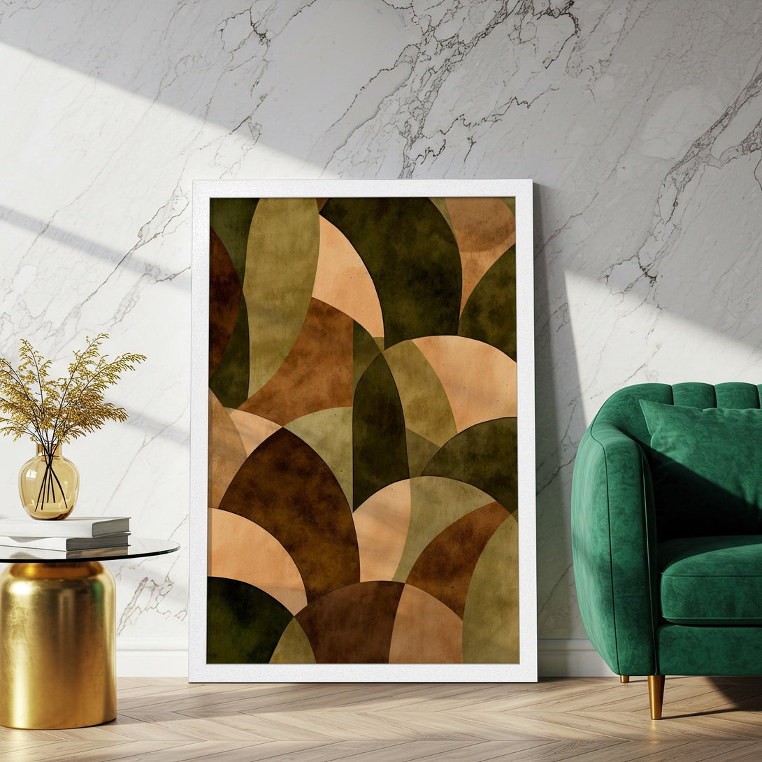 Framed Poster featuring abstract geometric art in earthy tones of brown, green, and beige. Perfect wall decor!