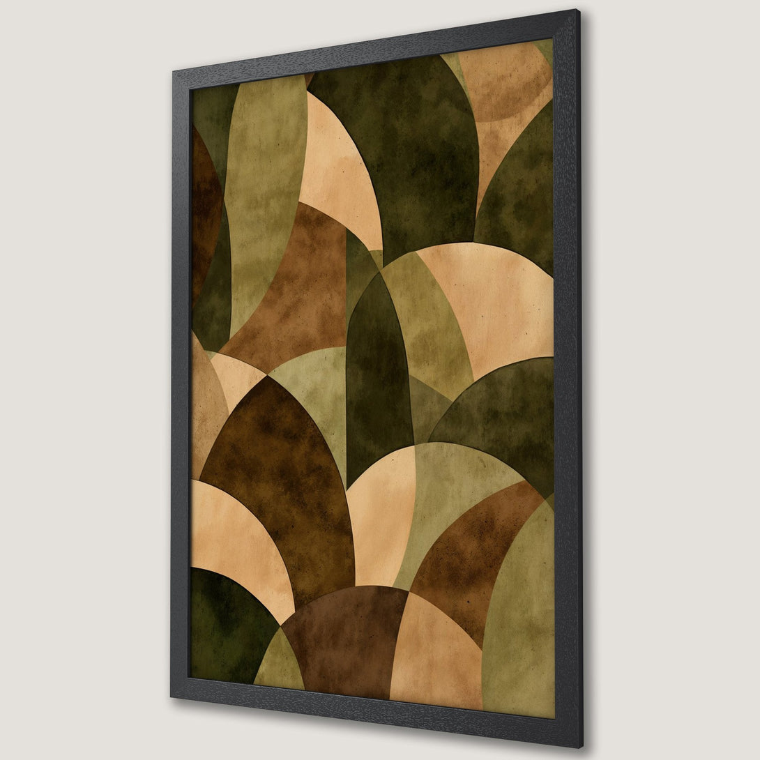 Framed Poster featuring abstract geometric art in earthy tones of green, brown, and beige. Modern wall art for home decor.