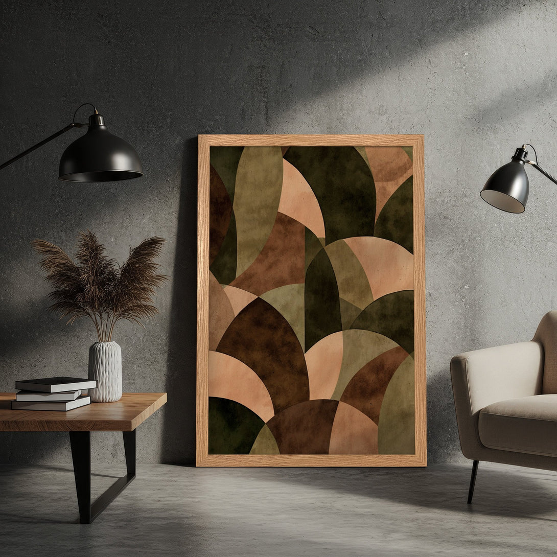 Framed Poster featuring abstract geometric art in earthy tones of brown, green, and beige. Modern style, perfect for home decor.