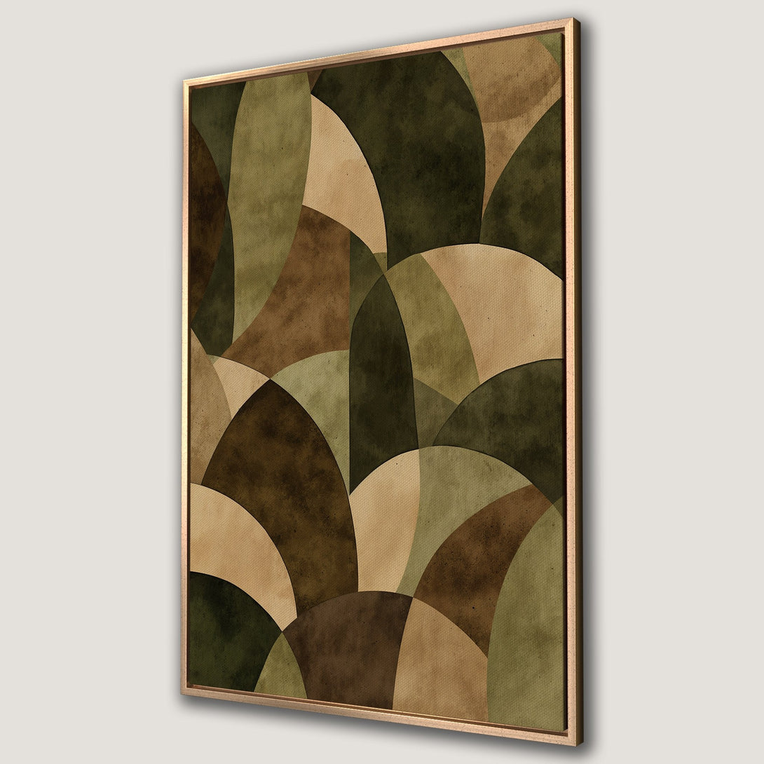 Framed Wall Art featuring an abstract design of overlapping arches in earthy tones of green, brown, and beige. Modern art for any space.