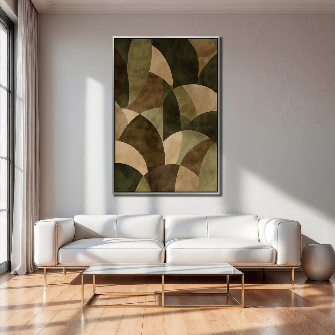 Framed Wall Art: Abstract geometric canvas print in earthy tones, perfect for modern living rooms. Enhance your space with stylish wall decor.