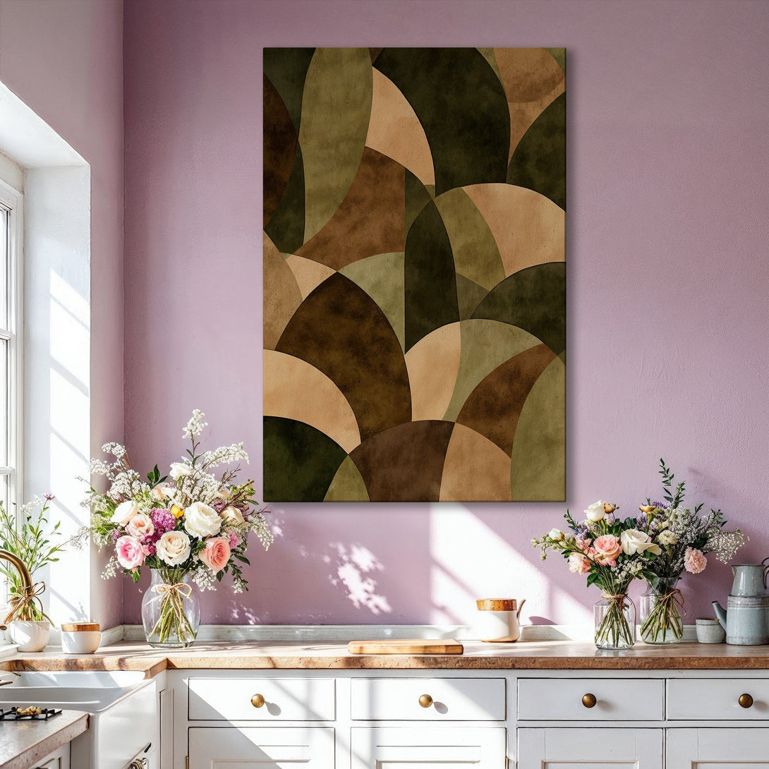 Framed Wall Art: Abstract geometric design in earthy tones of brown, green, and beige. Modern art canvas print adds a touch of elegance to any interior.