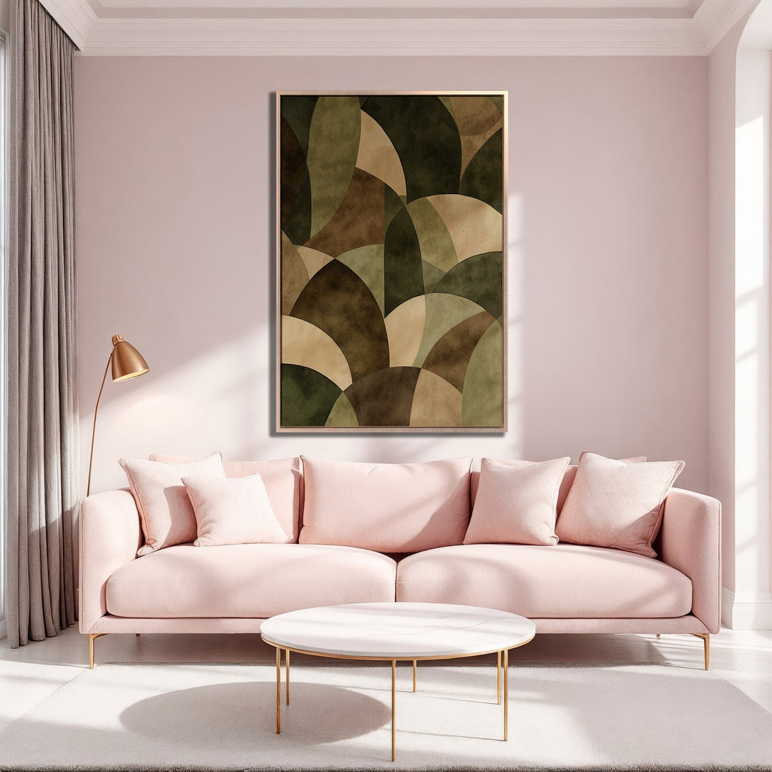 Framed Wall Art: Abstract geometric design in earthy green and brown tones. Modern art canvas print adds a touch of elegance to a pink living room.