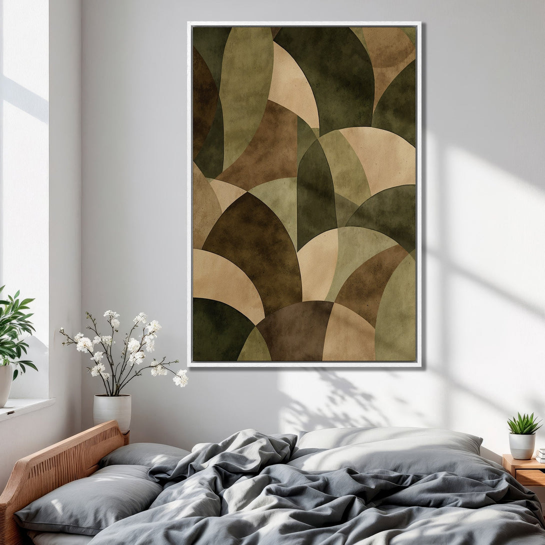 Framed Wall Art: Abstract geometric design in earthy tones of green, brown, and beige. Modern canvas print adds a touch of nature to any bedroom.