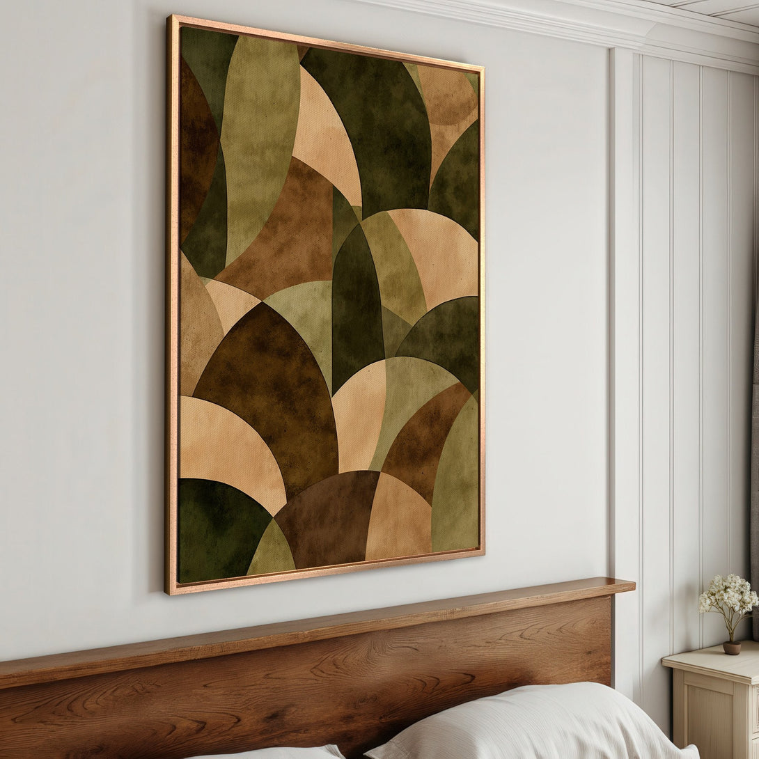 Framed Wall Art featuring an abstract geometric design in a warm, earthy color palette of greens, browns, and beige. Perfect for modern interiors.