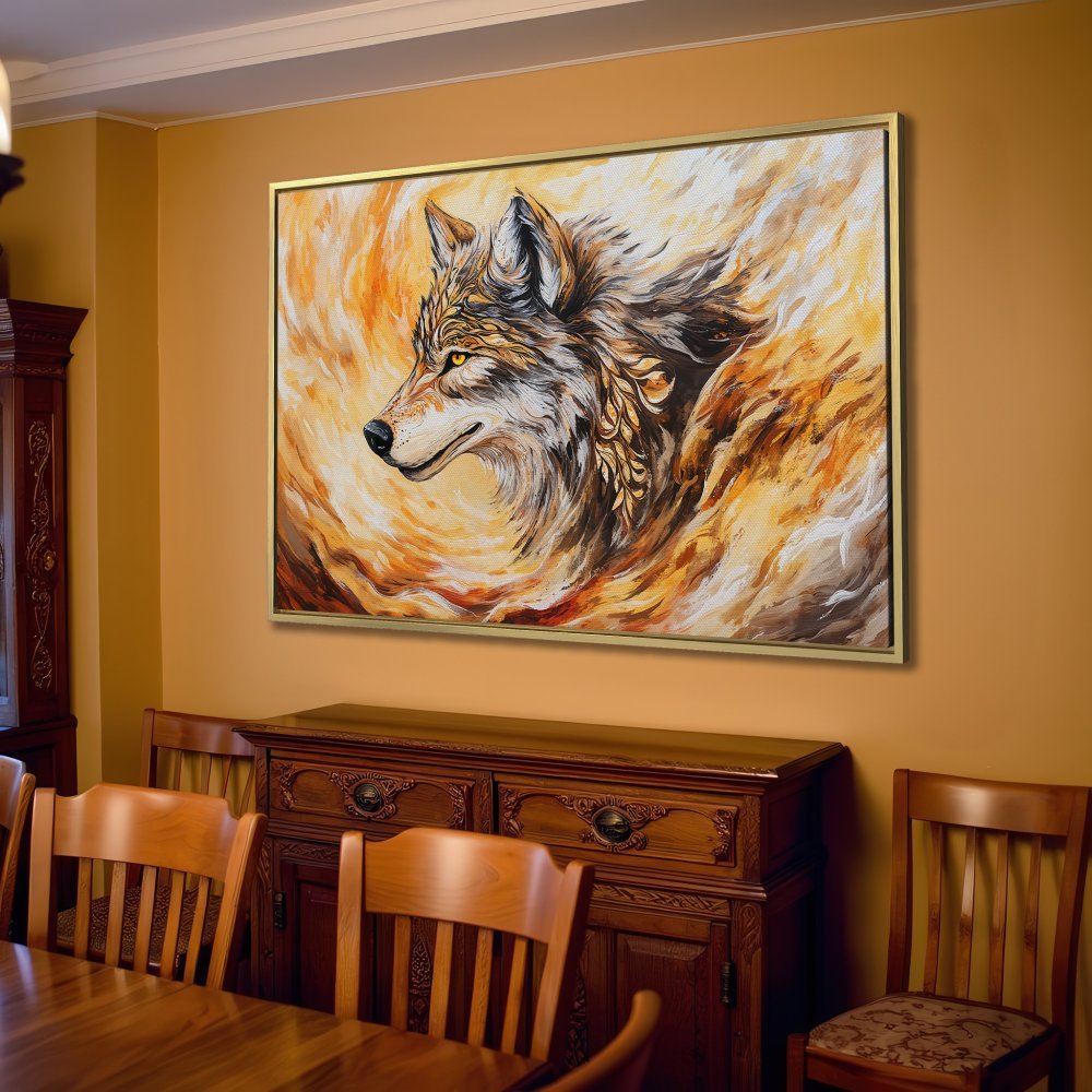 Canvas Print of a majestic wolf in warm, fiery tones. Stunning animal art for your home decor.